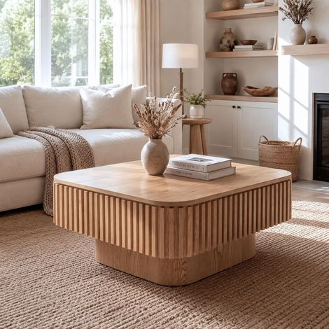 Tavolino da salotto quadrato - 75 x 75 x 35 cm - contenitore interno nascosto, coperchio rimovibile, design scanalato verticale, stile moderno japandi, mdf impiallacciato, legno naturale (1/5)