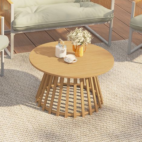 SOLAL Mesa de centro redonda de jardín de 70 cm con patas de listones metálicos efecto madera