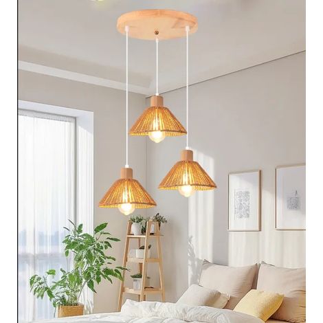3lampes Lampes Suspensions Vintage,22cm Lampe de Plafond Abat-jour en Rotin et Bois Designe Chapeau Luminaire Vintage,Marron (1/5)