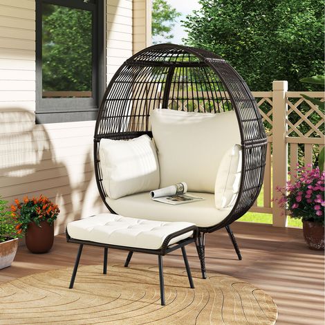 COSTWAY 2Pcs Patio Wicker Lounge Basket Set Oversized Egg Chair w/Ottoman-White