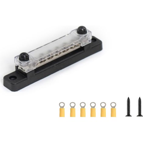 RV & Yacht Single Row 6-Way Busbar 48V 150A Copper Busbar Terminal Block Straight Single Row with Transparent Marine Use - 6-Way - Red + Black - (1/4)