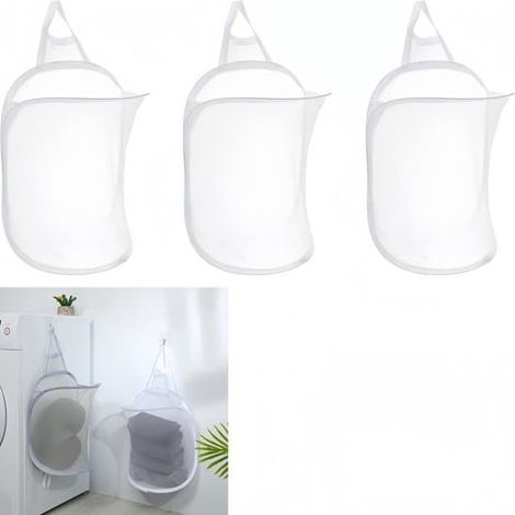 Ensemble de panier à linge mural pliable, panier à linge suspendu, panier à linge en filet respirant, avec poignée, blanc, convient pour les vêtements et les jouets (1/5)