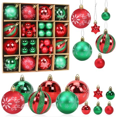 CCYKXA 44-teiliges Set Weihnachtskugeln, rote und grüne Weihnachtskugeln, Christbaumschmuck aus Kunststoff, Christbaumkugeln und Sterne, Hängende Ornamente (1/5)