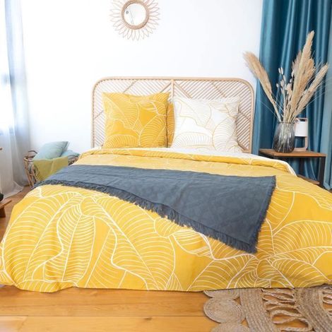 Parure de lit avec Housse de Couette 220x240 cm + 2 Taies d'oreiller 63x63cm Parure de lit pour 2 Personnes Palmiers Jaune Coton