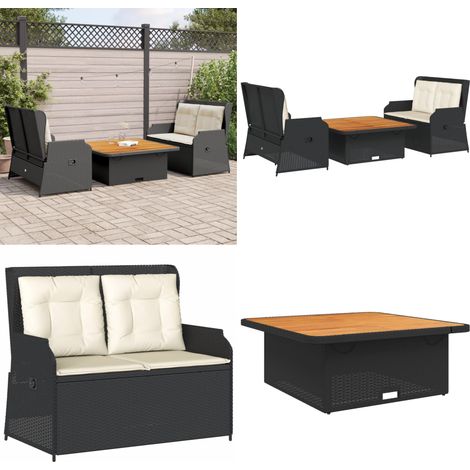 Salon de jardin 3 pcs avec coussins Noir Résine tressée - Banc de jardin - Table de jardin (1/5)