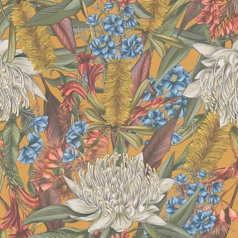 Blumen Tapete Profhome 394284 heißgeprägte Vliestapete leicht strukturiert mit floralen Ornamenten matt gelb grün blau rot 5,33 m2