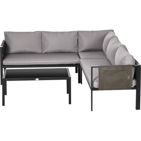 5 Seater Garden Corner Sofa Set, 4 Pieces Metal Garden Furniture Set Loveseats, Glass Top Coffee Table, Breathable Mesh Pocket, Outdoor Conversation Furniture Cushions, Light Grey (1/5)