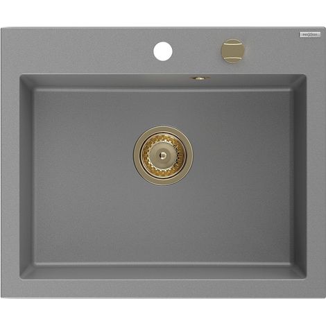 Mexen Elix fregadero de granito de 1 cubeta 600 x 500 mm, gris, sifón dorado - 6525601005-71-G (1/5)