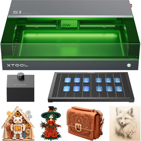 xTool S1 Graveur Découpe Laser Fermé, 600 mm/s, Positionnement Pin-Point, Autofocus, pour Bois, Métal, Cuir, Acrylique et Verre - Noir, S1 20W kit de base