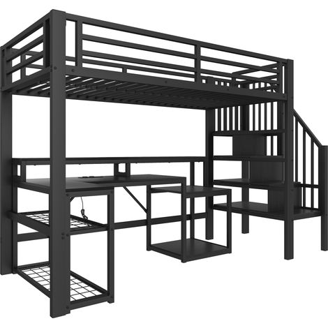 Cama alta 90 x 200 cm de metal y MDF negro con escritorio, almacenaje, LED y puerto USB (1/5)