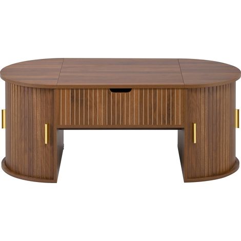 Mesa de centro elevable ovalada de MDF color nogal con almacenaje oculto y estantes abiertos (1/5)