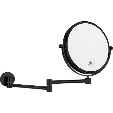 Miroir cosmétique mural 5x grossissement Noir pour salle de bain Miroir de maquillage extensible Miroir de rasage avec grossissement Montage mural, Diamètre 20 cm