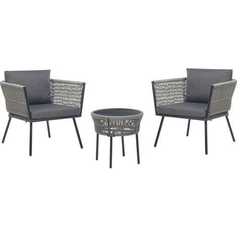 Conjunto de balcón de ratán gris claro negro sintético cojines mesa Gargano