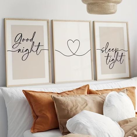 Lot de 3 tableaux muraux pour chambre à coucher, beige, Good Night, Sleep Tight Boho – Impression sur toile moderne avec cœur Line Art – Décoration murale romantique au-dessus du lit – Sans (1/5)