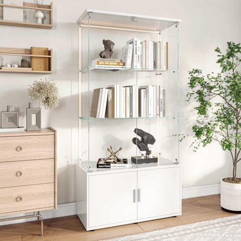 ADWOLT - Vitrine en verre - Vitrine de salon- Armoire de Collection Moderne - Bande lumineuse LED- Blanc -78.5 x 35 x 164 cm
