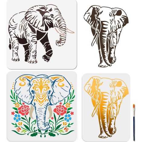 Pochoirs pour Peinture D'Éléphant Africain Mandala 3 x 30 x 30/29.7cm Réutilisables avec Pinceau pour Travaux Manuels Décoration Murale Fenêtre Bois (1/5)