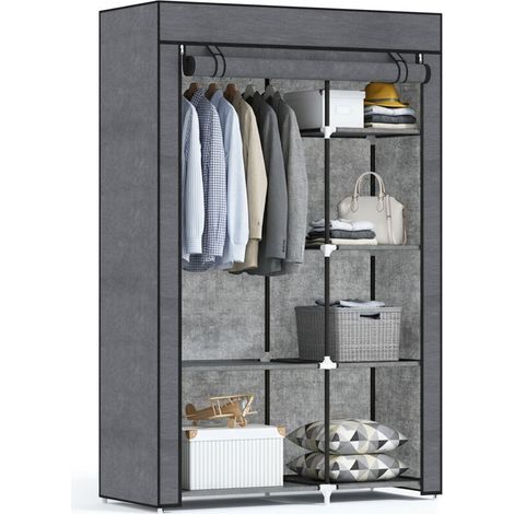 Armoire penderie multi-rangement - 6 étagères, 1 barre - non tissé gris (1/5)
