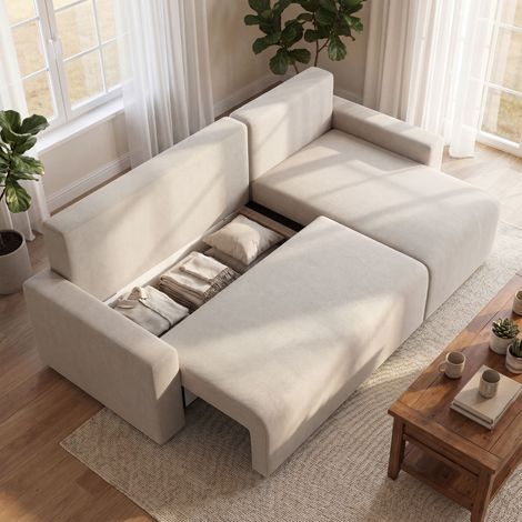 Canapé d'angle convertible avec méridienne réversible, canapé 3 places en L revêtu de velours beige