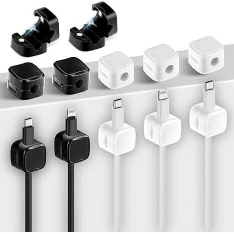 Lot de 12 Clips Magnétiques Réglables pour Rangement de Câbles sous Le Bureau Support de Cordon Adhésif pour Table de Chevet Mur Voiture Bureau(Noir + Blanc) (1/5)