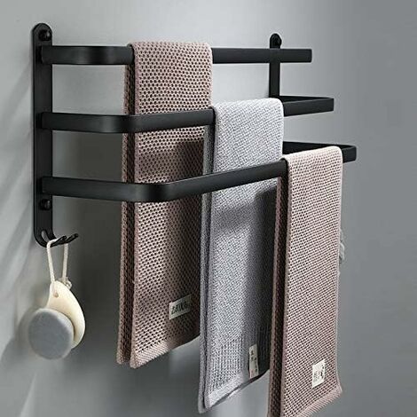 Bathroom Towel Rack, Black Self-Adhesive Wall Mounted Towel Bars for Shower and Kitchen, Waterproof Towel Bars with Hooks (Three Bars, 70cm Each) (1/4)