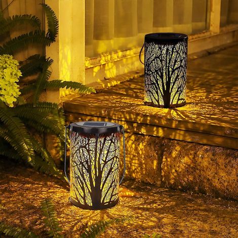 Solarlaternen 2er-Pack, wasserdichte LED-Hängelaternen für den Außenbereich, baumförmige Gartenleuchten für Metall, Terrasse, Veranda, Weg
