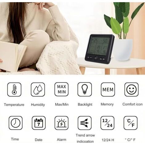 Thermomètre numérique hygromètre avec 3 capteurs sans fil LCD Rétro-éclairage Température Humidité Station Météo Heure Date Semaine Alarme Over-Limit pour Intérieur Extérieur (1/3)