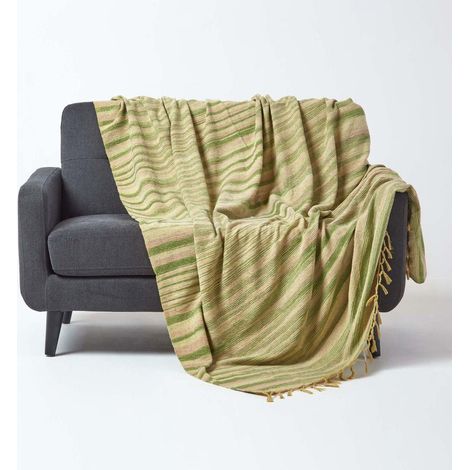 HOMESCAPES Bed Sofa Throw Cotton Chenille Tie Dye Green, 220 x 240 cm
