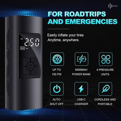 Tragbarer Luftkompressor zum Aufpumpen von Reifen, tragbare Luftpumpe mit 150 PSI für Autoreifen, Luftpumpe mit digitalem Manometer für Auto, Fahrrad, Motorrad, Ball (1/4)