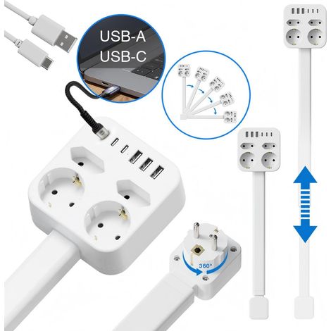 Multiprise 4 Prises avec 3 Ports USB C + 3 USB A Chargeur (5V/3,4A), 45 - 65 cm Câble Rétractable pour Smartphone, Maison, Bureau (1/5)