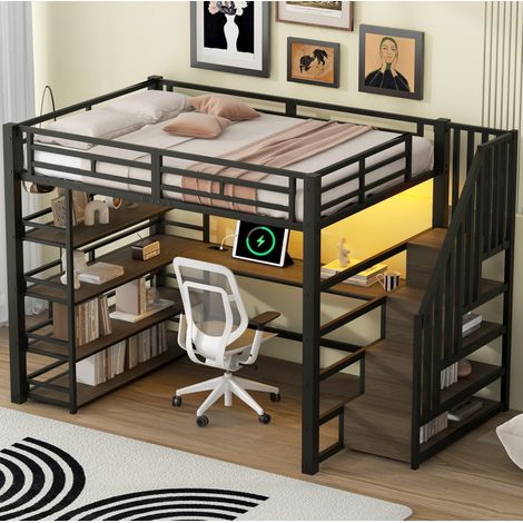 Bett Hochbett aus Metall Schwarz 140x200 cm mit Schreibtisch, Stauraum und LED