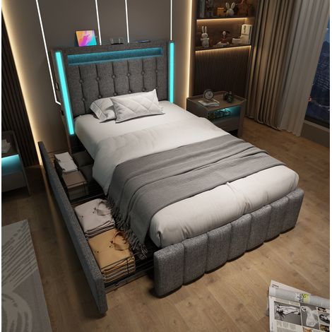 Bett mit Stauraum Leinenstoff Grau 90x200 cm, mit LED-Beleuchtung, USB- und Typ-C-Ladefunktion, inklusive 2 Schubladen (1/5)