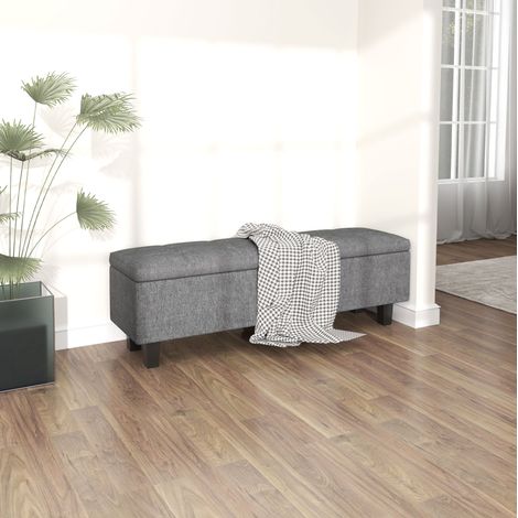 Banco con almacenamiento (138x40x45 cm), asiento acolchado, diseño capitoné, patas de madera de caucho, lino gris oscuro (1/5)