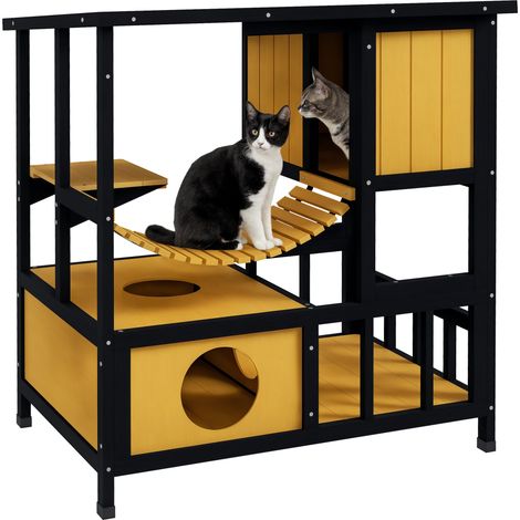 Casa para gatos, refugio para gatos, cueva para gatos, resistente a la intemperie, 1 rampa, 1 plataforma, 84,5 x 60 x 88 cm, verde y natural