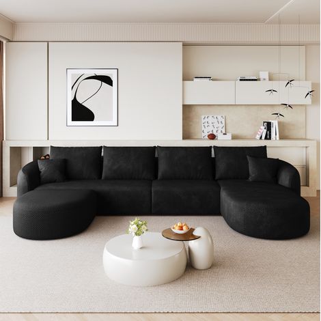 Sofá rinconera U modular de 336 cm en tejido negro sin montaje HAVRYA (1/5)