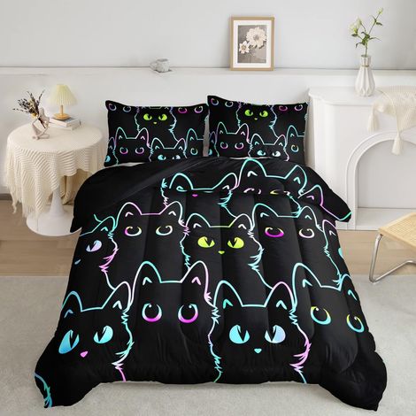Parure de lit Motif Chat Mignon de Dessin animé pour Adolescents, Enfants, garçons, Filles, Adultes, Toutes Saisons, 1 Couette et 2 taies d'oreiller, Noir (1/5)