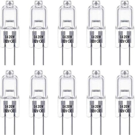 Lampadine alogene G4, 12 V, 20 W, attacco a spillo, luce bianca calda (2800 K), dimmerabili, bassa tensione, capsula trasparente, confezione da 10 (1/5)