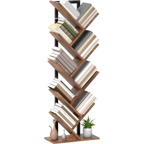 Étagère debout en bois avec 9 niveaux style arbre pour bureau, finition brun rustique, idéale pour optimiser l'espace. (1/5)