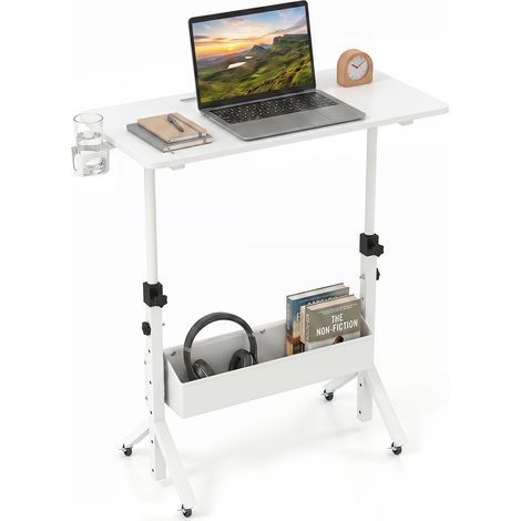 Bureau Debout Mobile, Table Roulante pour Lit Canapé avec Hauteur Réglable, Pieds Triangulaires Stables, Poche de Rangement en Tissu, Blanc (1/4)