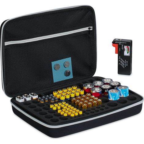 Relaxdays Battery Organiser Case with Tester, for AA, AAA, C, D & 9V Block Batteries, Storage Box with Handle, Black (1/5)