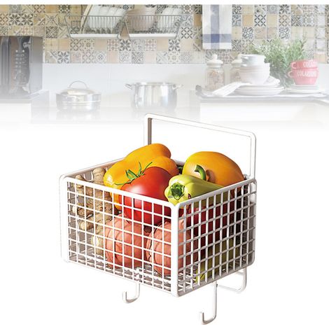 Panier mural Kitchen Metal White - Panier mural de cuisine en métal blanc à grande capacité avec crochet pour légumes et condiments (1/5)