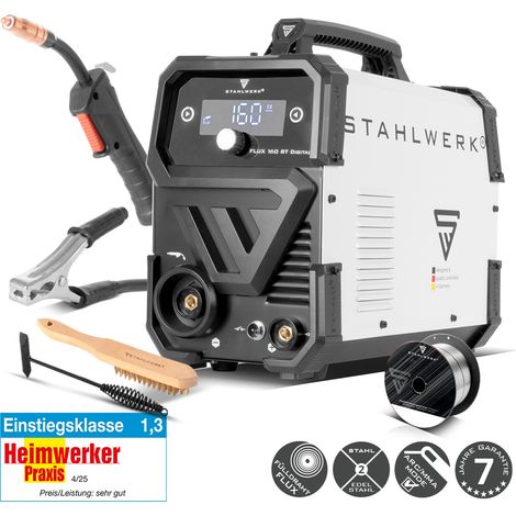 STAHLWERK Schweißgerät FLUX 160 ST Digital – 3-in-1 Kombi mit 160 A, Fülldrahtschweißen ohne Schutzgas, MMA (E-Hand/ARC), Lift-TIG (DC), synergischer Drahtvorschub, LED-Licht, IGBT-Technologie