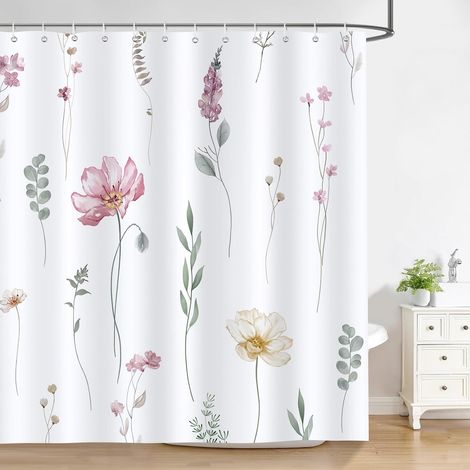 Cortina de ducha con estampado acuarela rosa/beige, 180 x 180 cm, tejido de poliéster lavable, impermeable, con 12 ganchos. (1/5)