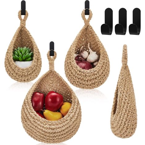Hängende Küchenkörbe im Boho-Stil, 3er-Set tropfenförmige Wandkörbe mit Haken, zur Aufbewahrung von Obst, Gemüse, Zwiebeln, aus natürlicher Baumwolle (1/5)