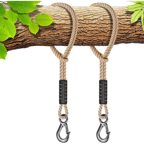 2pcs Corde de Hamac, 100cm Sangle de Balançoire avec Crochet (400lbs) Arbre Suspension Materiel en Polyester Fauteuil Suspendu Fixation Kit, Jusqu'à 2500lbs, 10mm de Diamètre, Blanc Cassé (1/5)