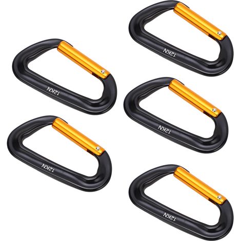 5 Pièces Mousquetons en Alliage d'Aluminium 12 KN (2697 Lbs) Anneau en D Robustes pour Camping Randonnée Extérieur Noir Or
