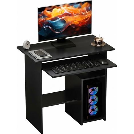 ELVMI Bureau Droit avec Plateau Clavier Coulissant, Niche Informatique et 2 Étagères, pour Bureau, Noir, 80 x 45 x 75 cm (1/5)