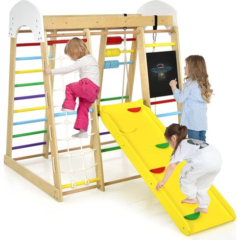 GOPLUS 8 en 1 Aire de Jeu Portique Escalade Enfant en Bois avec Toboggan,Chevalet, Mur&Filet&Barre& échelle Escalade échelle Balançoire, Jeu de Calcul pour Enfants 3 Ans + 124x119x138cm (Coloré) (1/5)