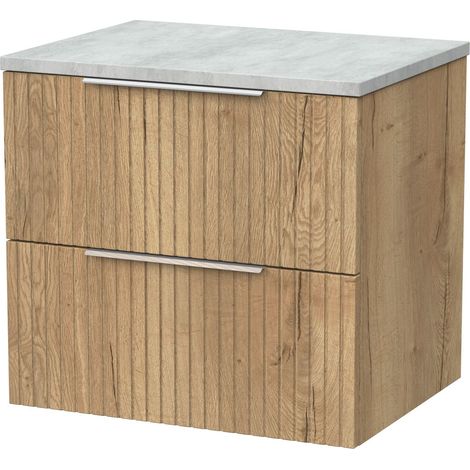 Callingwood Contemporary Wall Hung 2 Drawer Vanity Unit with Bellato Grey Laminate Worktop , 600mm, Autumn Oak