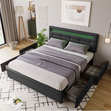 Bett mit LED-Beleuchtung und 4 Schubladen 140x200 Grau OKMYHOME (1/5)