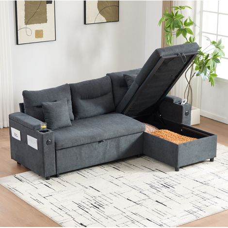 Divano a 3 posti 212.5x136x86 cm, con chaise longue idraulica e letto estraibile, tessuto in lino grigio scuro (1/5)
